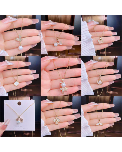 Wholesale Sweet Simple Style Star Flower Shell Titanium Steel Artificial Pearls Zircon Pendant Necklace