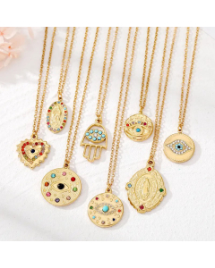 Wholesale Ethnic Style Round Diamond Devil's Eye Stainless Steel Plating Turquoise Rhinestones Necklace CA07831439