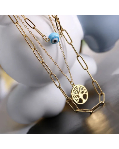 Wholesale Double Layer Devil's Eye Tree Of Life Titanium Steel 18K Gold Plated Layered Necklaces CA07831451