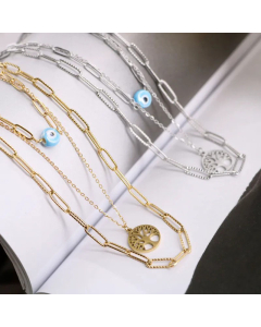 Wholesale Double Layer Devil's Eye Tree Of Life Titanium Steel 18K Gold Plated Layered Necklaces CA07831451