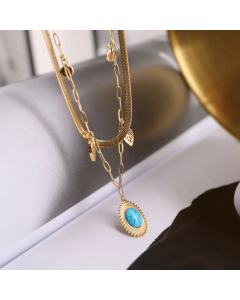 Wholesale Original Design Leaf 18K Gold Plated Turquoise Titanium Steel Pendant Layered Necklace CA07831456
