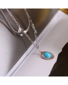 Original Design Leaf 18K Gold Plated Turquoise Titanium Steel Pendant Layered Necklace Wholesale CA07831456