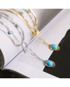 Wholesale Original Design Leaf 18K Gold Plated Turquoise Titanium Steel Pendant Layered Necklace CA07831456