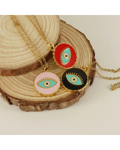 Wholesale Artistic Enamel Round Devil's Eye Stainless Steel 18K Gold Plated Pendant Necklace CA07831462