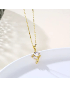 Square Diamond Bow Titanium Steel 18K Gold Plated Zircon Pendant Necklace CA07831474