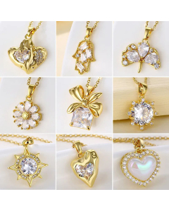 Wholesale Elegant Classic Style Sector Star Flower Stainless Steel 18K Gold Plated Zircon Pendant Necklace CA07831477