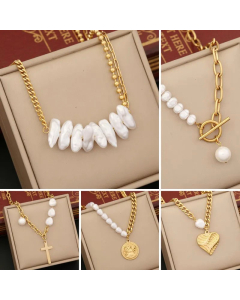 Wholesale Baroque Style Irregular Patchwork Cross Heart Shape Stainless Steel OT Buckle Imitation Pearl Necklace CA07831480