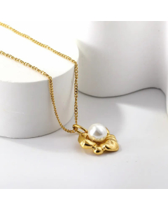 Retro Artificial Pearls Inlaid Flower Pendant Stainless Steel Necklace CA07831482