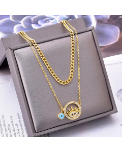 Wholesale French Style Vacation Enamel Devil's Eye Titanium Steel Rhinestones Layered Necklaces CA07831483