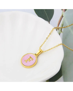 Wholesale Daily Style Letter F Titanium Steel Pink Shell Pendant Necklace CA07831503