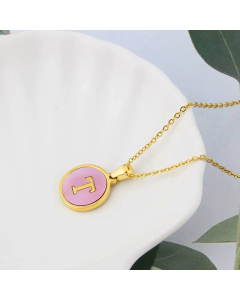 Wholesale Daily Style Letter T Titanium Steel Pink Shell Pendant Necklace CA07831503