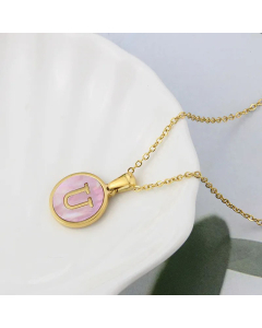 Wholesale Daily Style Letter U Titanium Steel Pink Shell Pendant Necklace CA07831503