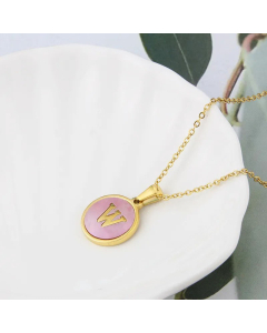 Wholesale Daily Style Letter W Titanium Steel Pink Shell Pendant Necklace CA07831503