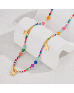 Colorful Beads 14K Gold Plated Pentagram Stainless Steel Beaded Necklace CA07831508