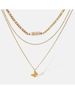 Wholesale Elegant Butterfly Stainless Steel 18K Gold Plated Pearl Layered Necklaces
