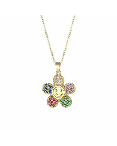 Wholesale Artistic Smiley Face Flower Stainless Steel Titanium Steel 18K Gold Plated Gold Plated Zircon Pendant Necklace