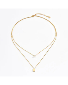 Wholesale Elegant Rhombus Rectangle Stainless Steel 14K Gold Plated Zircon Layered Necklaces