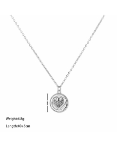 Casual Round Heart Shape Titanium Steel Inlay Rhinestones Pendant Necklace CA07831568