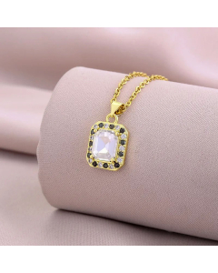 Classic Zircon Inlaid Square Titanium Steel Plating 18K Gold Plated Pendant Necklace CA07831623