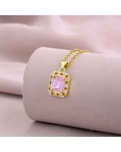 Elegant Zircon Inlaid Square Titanium Steel Plating 18K Gold Plated Pendant Necklace CA07831623