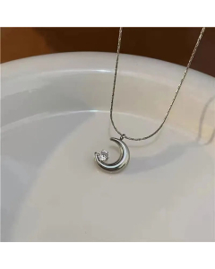 Minimalism Moon Titanium Steel Inlay Zircon Pendant Necklace CA07831635
