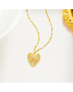 Gold Plated Zircon Inlaid Heart Shape Wings Titanium Steel Pendant Necklace CA07831642