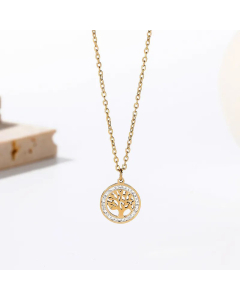 Simple Style Tree Stainless Steel Plating Inlay Rhinestones 14K Gold Plated Pendant Necklace