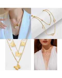 Wholesale Elegant Round Heart Shape Butterfly Titanium Steel Inlay Artificial Pearls Shell Layered Necklaces CA07831659