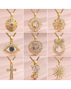 Wholesale Stainless Steel Necklace Heart Shape Flower Bow Knot Eye Cat Plating Inlay Zircon Necklace 