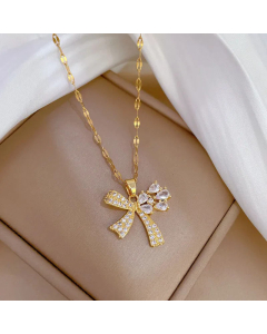 Wholesale Stainless Steel Necklace Fairy Style Sweet Bow Knot Inlay Rhinestones Pendant Necklace