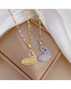Wholesale Stainless Steel Necklace Elegant Refined Heart Shape Inlay Artificial Gemstones Pendant Necklace