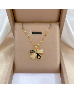 Wholesale Stainless Steel Pendant Necklace Sweet Letter Bow Knot Enamel Zircon Inlaid Necklace