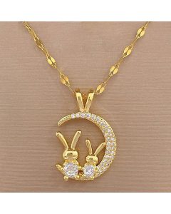 Cute Cartoon Style Rabbit Moon Inlay Rhinestones Pendant Stainless Steel  Necklace