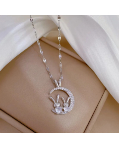 Steel Color Cartoon Style Rabbit Moon Inlay Rhinestones Pendant Stainless Steel  Necklace