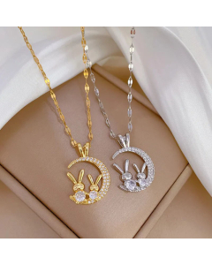 Wholesale Stainless Steel Necklace Cute Cartoon Style Rabbit Moon Inlay Rhinestones Pendant Necklace