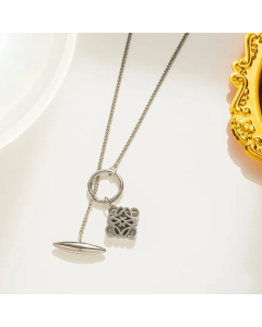 Steel Color Hollow Out Square Round OT Buckle Pendant Stainless Steel Necklace