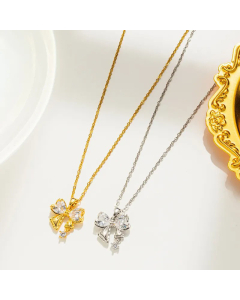 Wholesale Stainless Steel Necklace Elegant Sweet Bow Knot Inlay Rhinestones Pendant Necklace