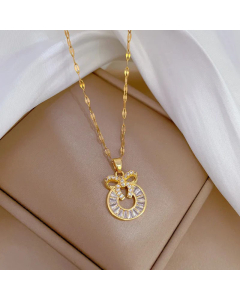 Wholesale Stainless Steel Necklace Elegant Circle Bow Knot Plating Hollow Out Inlay Zircon Pendant Necklace