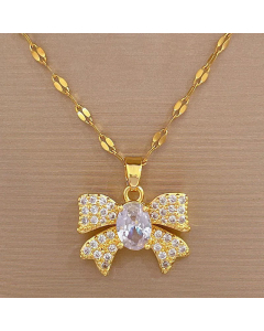 Gold Color Sweet Bow Knot Inlay Zircon Pendant Stainless Steel Necklace