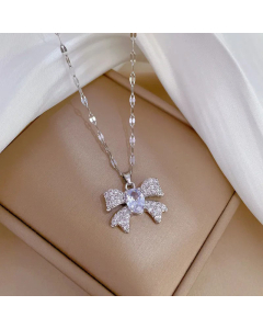 Steel Color Elegant Bow Knot Inlay Zircon Pendant Stainless Steel Necklace