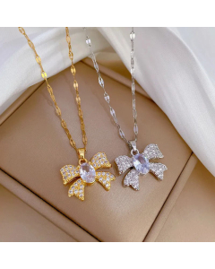 Wholesale Stainless Steel Necklace Sweet Bow Knot Inlay Zircon Pendant Necklace