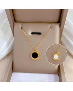 Classic Round With Roman Numerals Double-Side Inlay Shell Pendant Stainless Steel Necklace