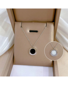 Fashion Round With Roman Numerals Double-Side Inlay Shell Pendant Stainless Steel Necklace