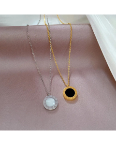 Wholesale Stainless Steel Necklace Classic Round With Roman Numerals Double-Side Inlay Shell Pendant Necklace