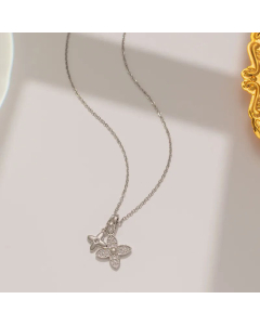 Steel Color Four Leaf Clover Inlay Rhinestones Pendant Stainless Steel Necklace