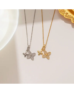 Wholesale Stainless Steel Necklace Classic Four Leaf Clover Inlay Rhinestones Pendant Necklace