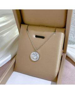 Wholesale Stainless Steel Necklace Round Smiley Face Pendant Necklace-Steel Color-White