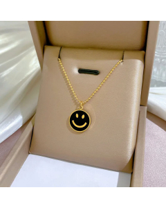 Wholesale Stainless Steel Necklace Round Smiley Face Pendant Necklace-Gold Color-Black