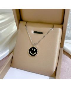 Wholesale Stainless Steel Necklace Round Smiley Face Pendant Necklace-Steel Color-Black