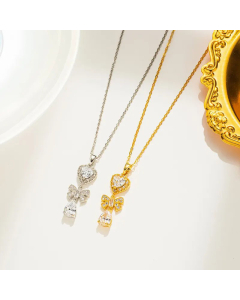 Wholesale Stainless Steel Necklace Water Droplets Heart Shape Bow Knot Inlay Rhinestones Pendant Necklace